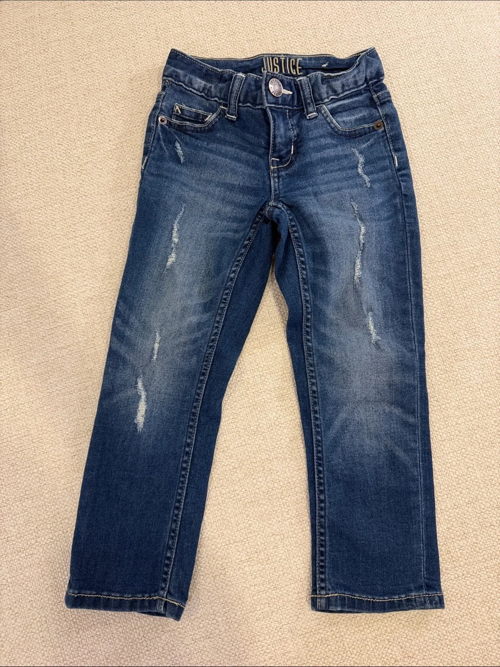 Justice Girls Straight Leg Dark Blue Distressed Cropped Jeans size 7 Slim